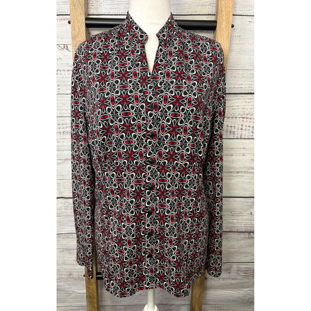 East 5th Womens XL Red Black White Geometric Floral Button Down Blouse - Picture 9 of 11